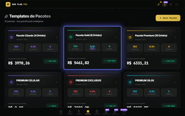 Pacotes com a margem que você define — Bar Plan Pro