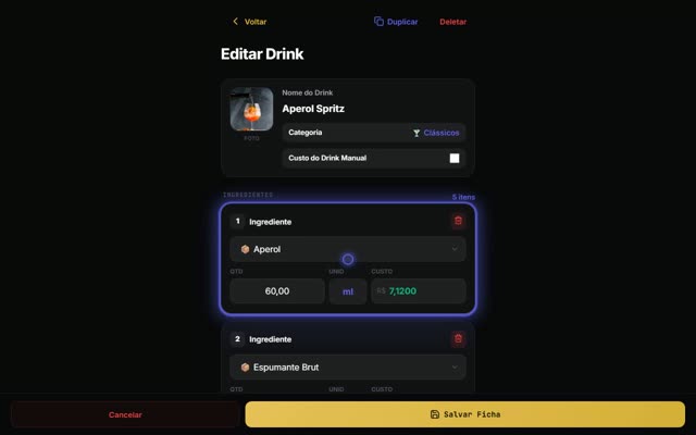 Ficha técnica com custo por insumo — Bar Plan Pro