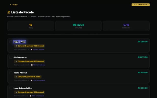 Lista de compras gerada do pacote — Bar Plan Pro
