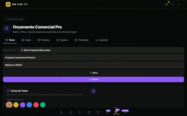 Orçamento profissional com a sua marca — Bar Plan Pro
